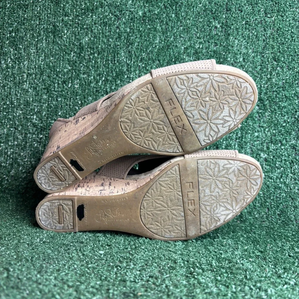 LifeStride HINX Perforated Peep Toe Cork Wedge Sandals Shoes Taupe Womens Sz 11M